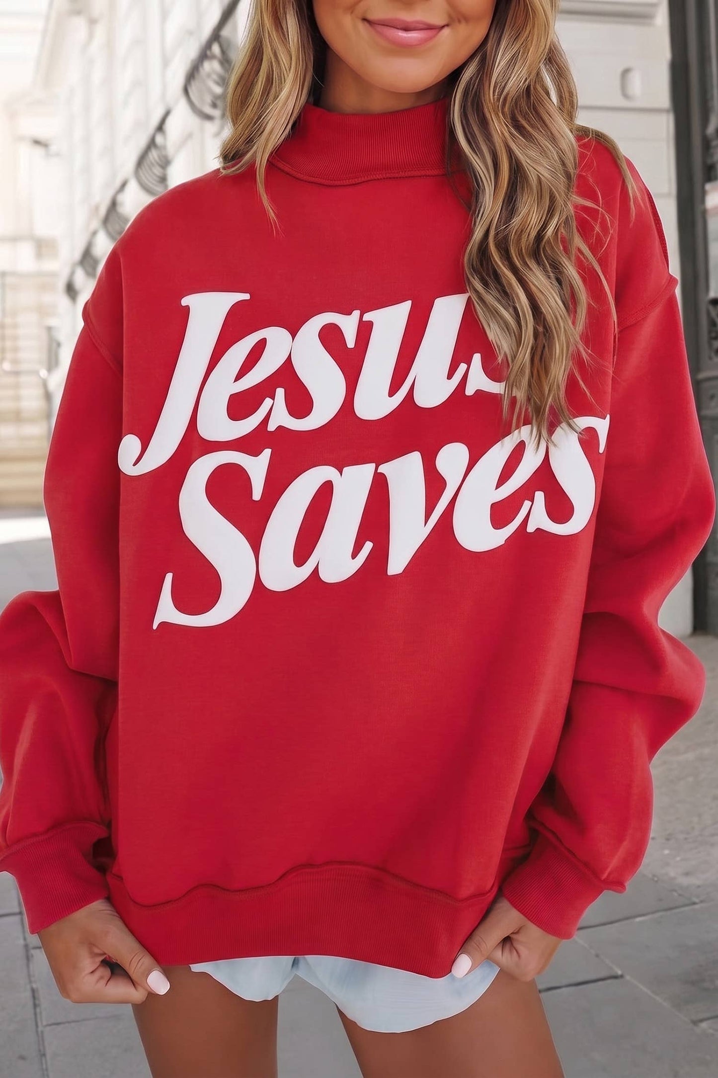 Jesus Saves Slogan Print Mock Neck Sweatshirt | S-4X