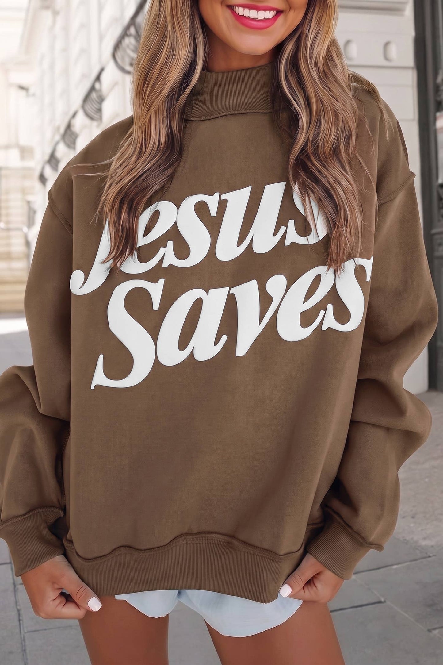 Jesus Saves Slogan Print Mock Neck Sweatshirt | S-4X