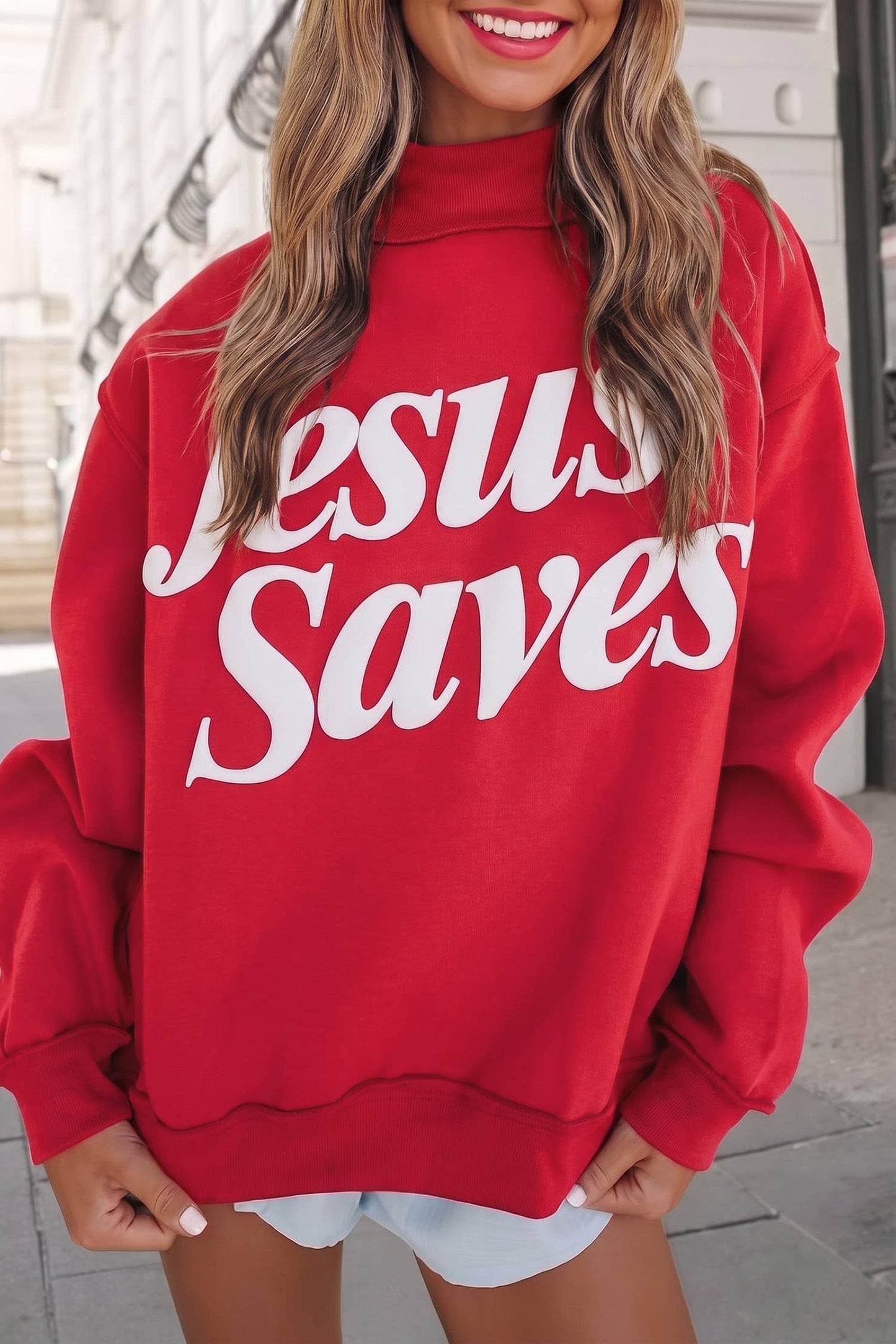 Jesus Saves Slogan Print Mock Neck Sweatshirt | S-4X