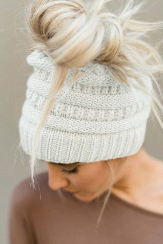 Cream Messy Bun Beanie