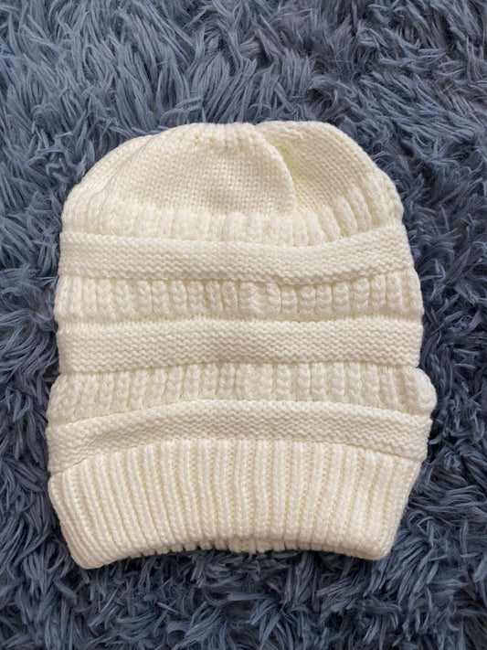 Cream Messy Bun Beanie